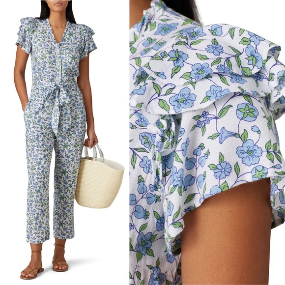 Banjanan Pants - Banjanan Olivia Floral Belted Ruffle Jumpsuit XS Blue Lightweight Vneck
